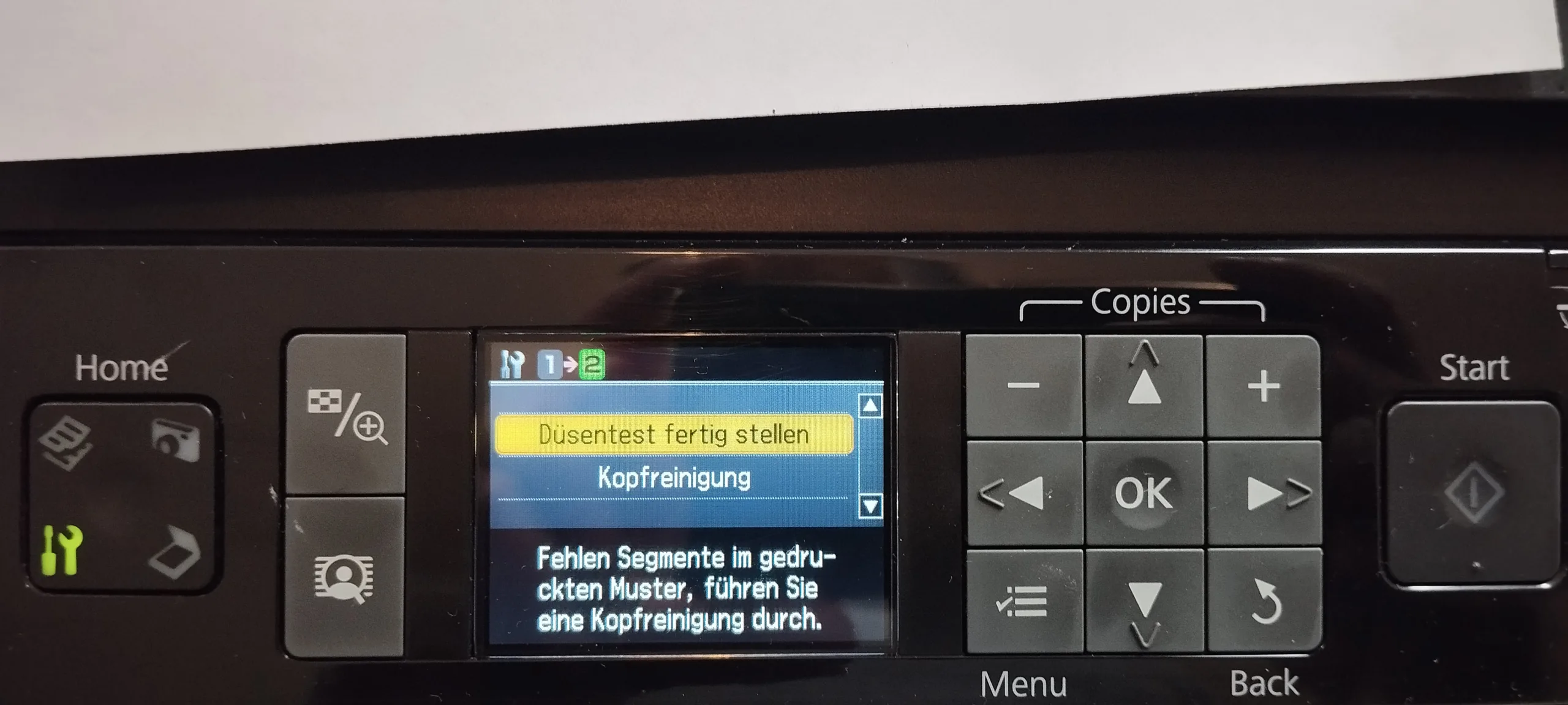 Drucken der Testseite nach dem Reinigen der Tintenkissen